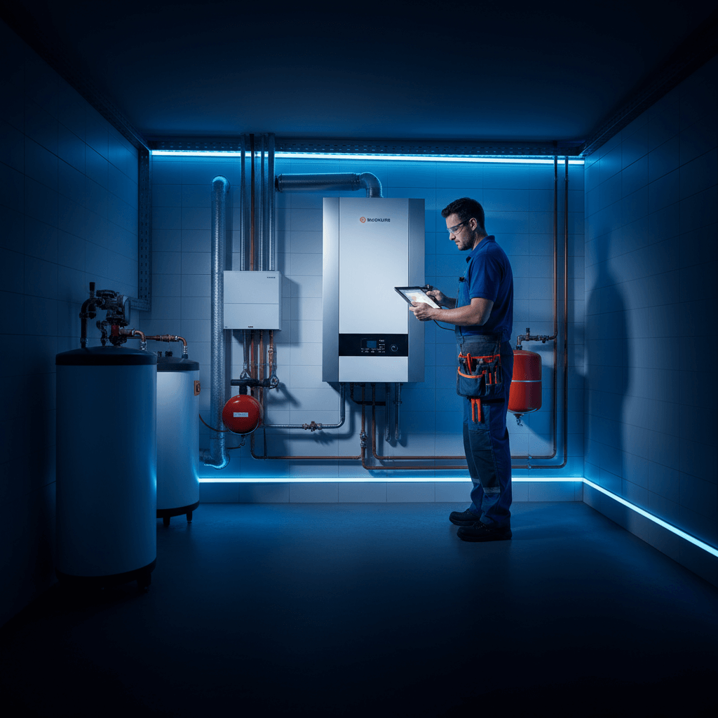 Heizungstechniker bei der Arbeit an einer modernen Anlage